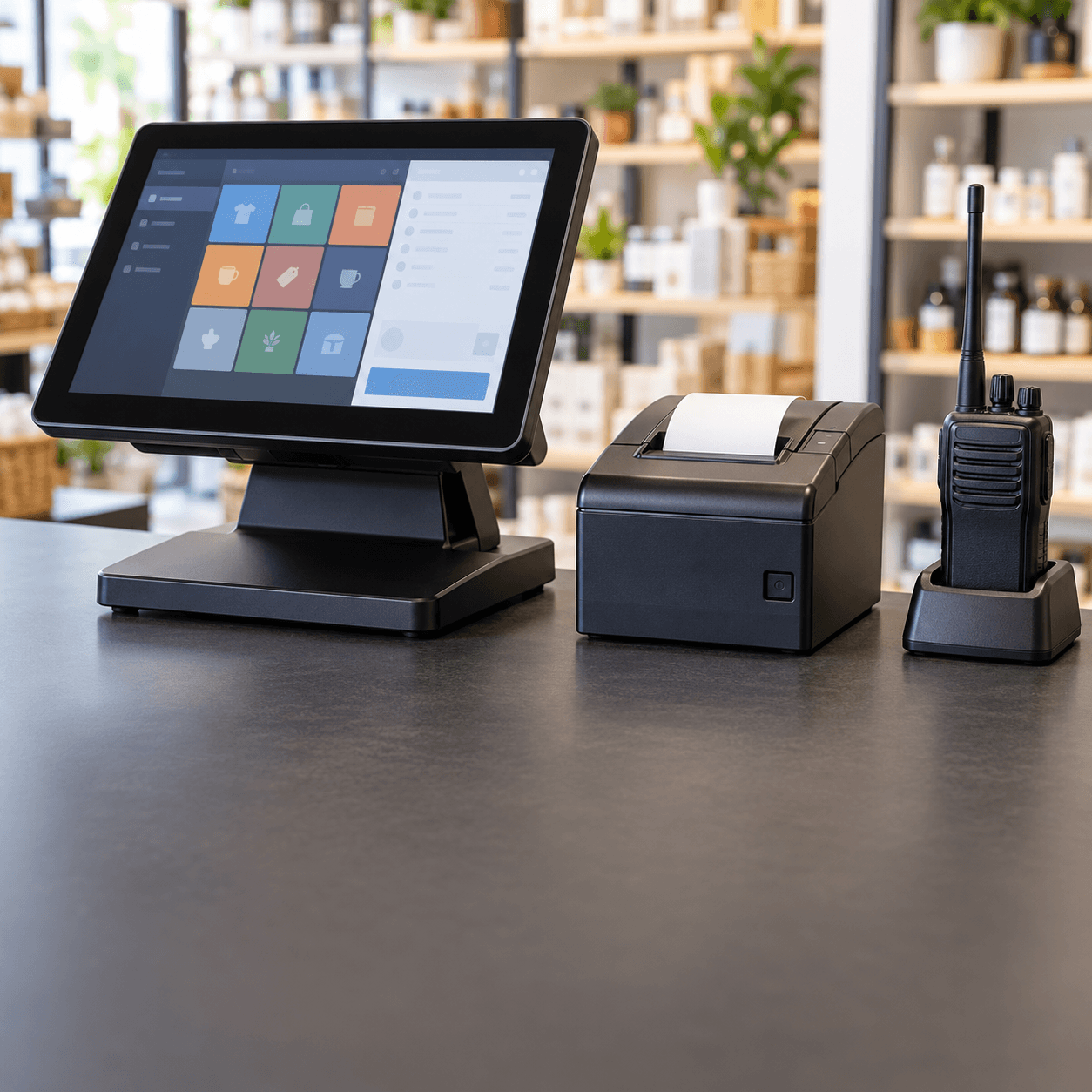 Black touchscreen POS system, receipt printer, and walkie-talkie on a retail store checkout counter.